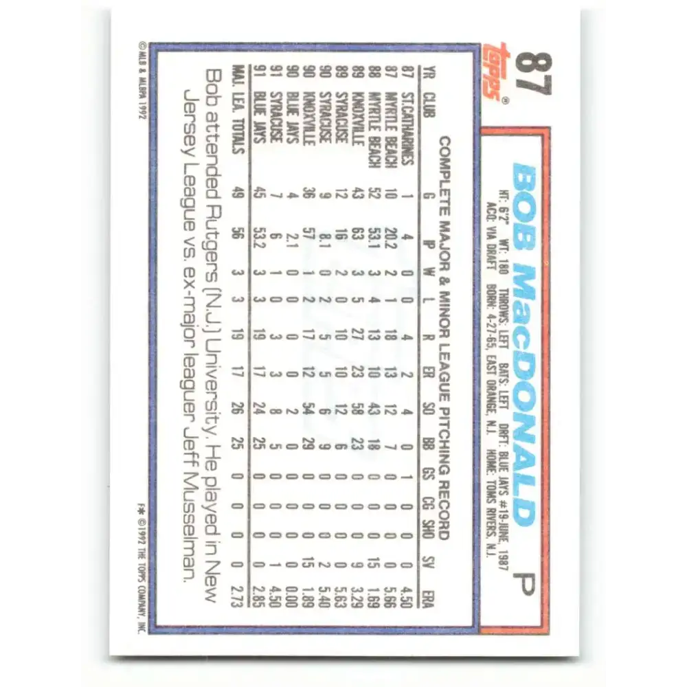 1992 Topps #87 Bob MacDonald NM-MT Toronto Blue Jays Baseball Card - Baseball Card Single