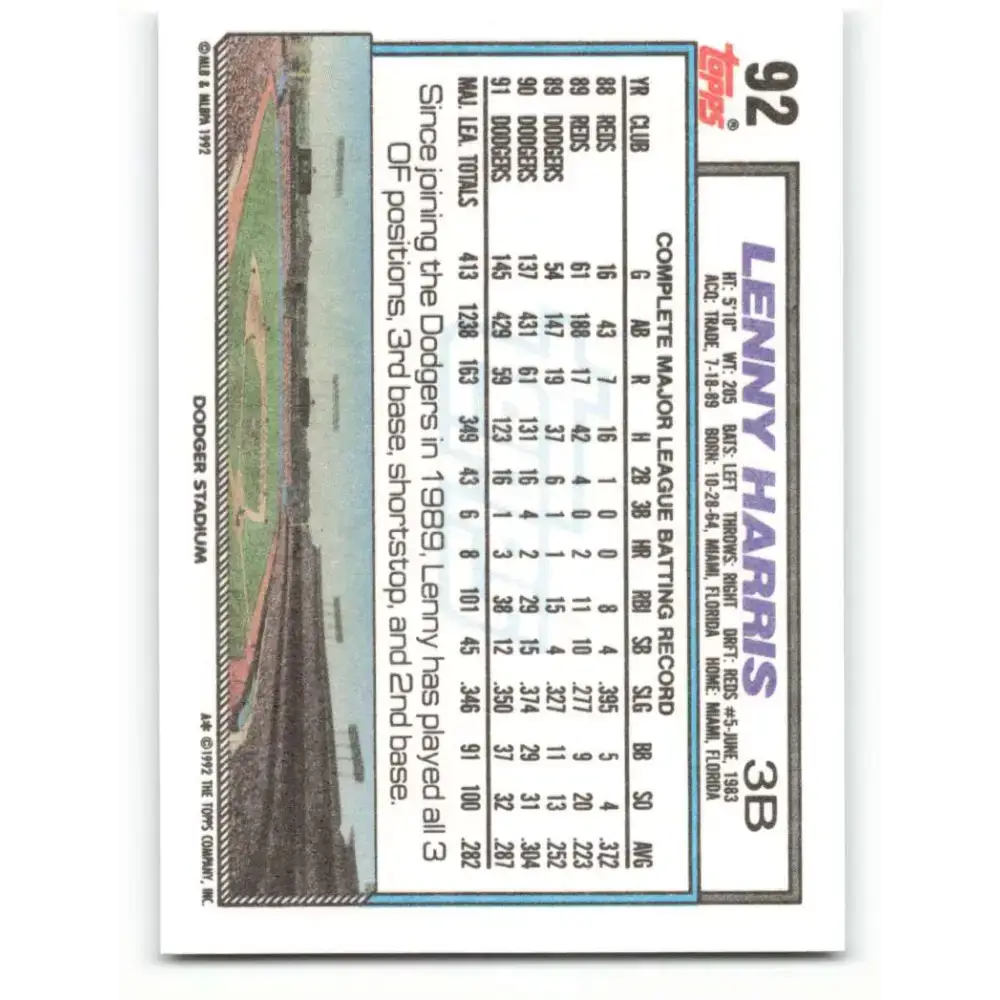 1992 Topps #92 Lenny Harris NM-MT Los Angeles Dodgers Baseball Card - Baseball Card Single