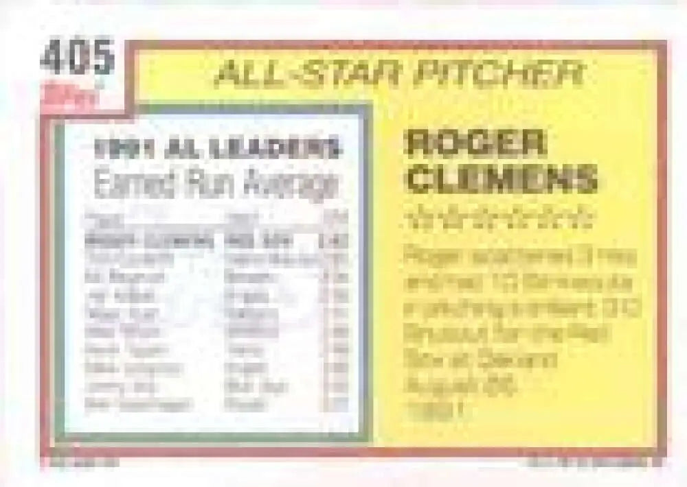 1992 Topps Micro #405 Roger Clemens NM-MT Boston Red Sox Baseball Card - Baseball Card Single