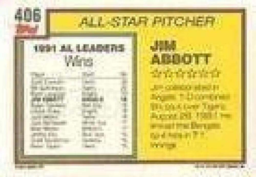 1992 Topps Micro #406 Jim Abbott NM-MT California Angels Baseball Card - Baseball Card Single