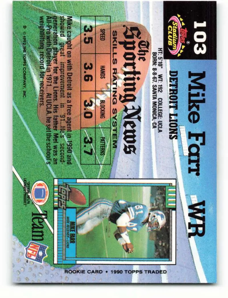 1992 Topps Stadium Club #103 Mike Farr EX Excellent Detroit Lions Football Card