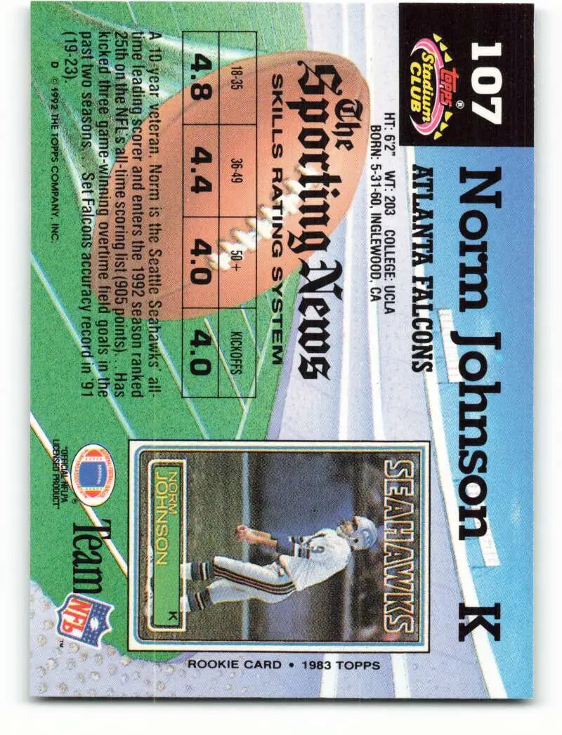 1992 Topps Stadium Club #107 Norm Johnson EX Excellent Atlanta Falcons Football Card - Football Card Single