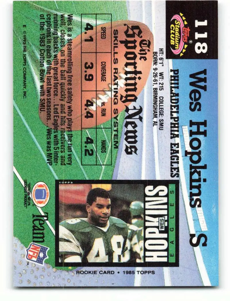 1992 Topps Stadium Club #118 Wes Hopkins EX Excellent Philadelphia Eagles Football Card - Football Card Single