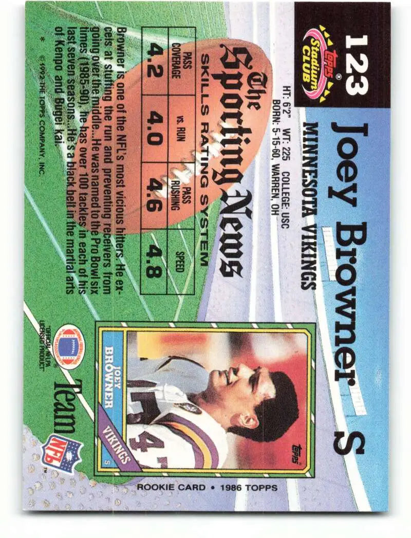 1992 Topps Stadium Club #123 Joey Browner EX Excellent Minnesota Vikings Football Card - Football Card Single