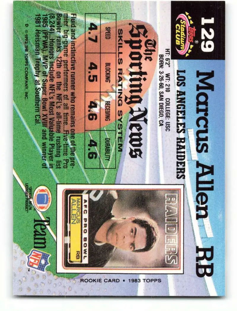 1992 Topps Stadium Club #129 Marcus Allen EX Excellent Los Angeles Raiders Football Card - Football Card Single