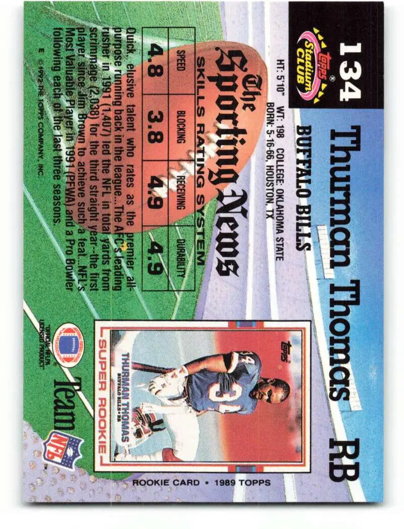 1992 Topps Stadium Club #134 Thurman Thomas EX Excellent Buffalo Bills Football Card - Football Card Single