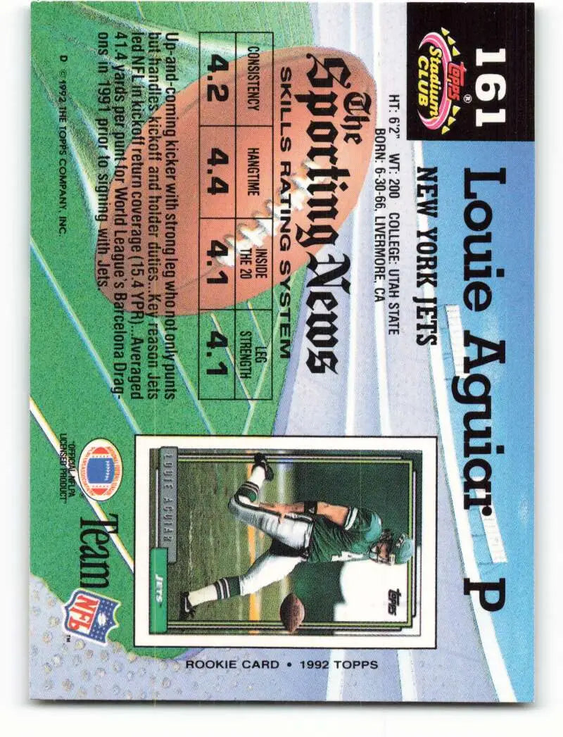 1992 Topps Stadium Club #161 Louie Aguiar EX Excellent RC Rookie New York Jets Football Card - Football Card Single