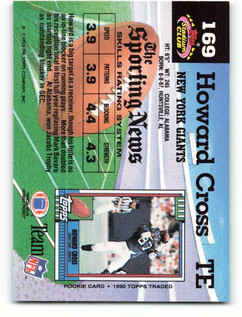 1992 Topps Stadium Club #169 Howard Cross EX Excellent New York Giants Football Card - Football Card Single