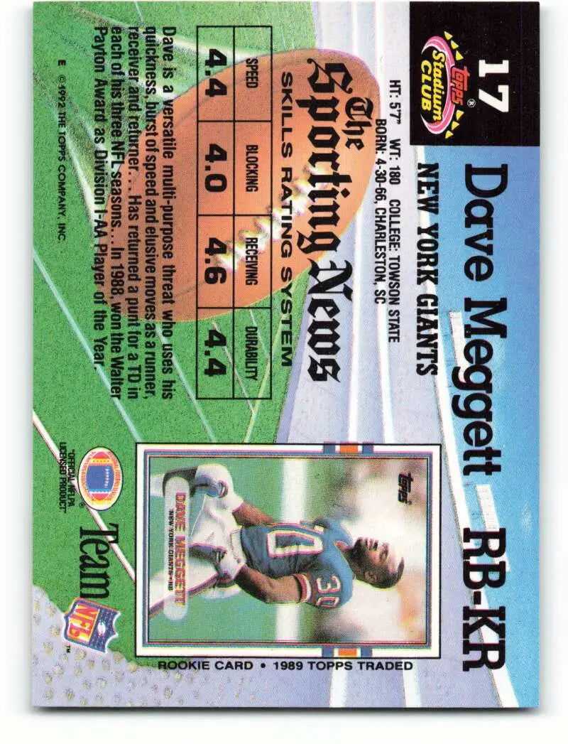 1992 Topps Stadium Club #17 Dave Meggett EX Excellent New York Giants Football Card