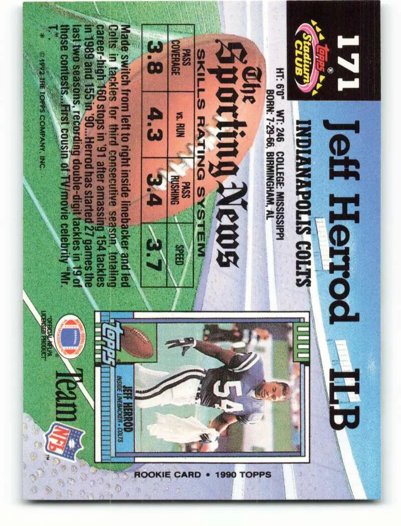 1992 Topps Stadium Club #171 Jeff Herrod EX Excellent Indianapolis Colts Football Card - Football Card Single