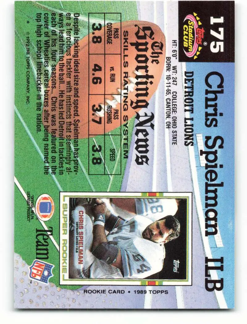 1992 Topps Stadium Club #175 Chris Spielman EX Excellent Detroit Lions Football Card - Football Card Single