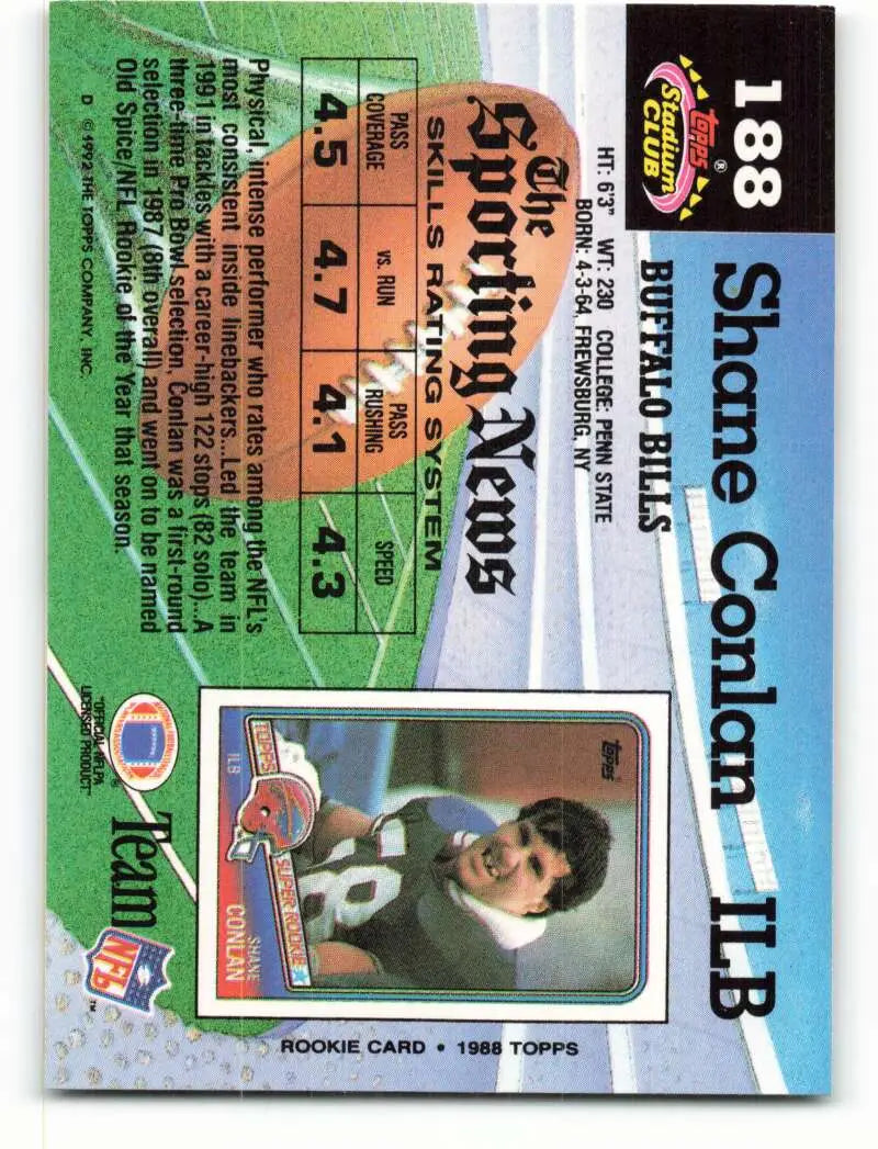 1992 Topps Stadium Club #188 Shane Conlan EX Excellent Buffalo Bills Football Card - Football Card Single