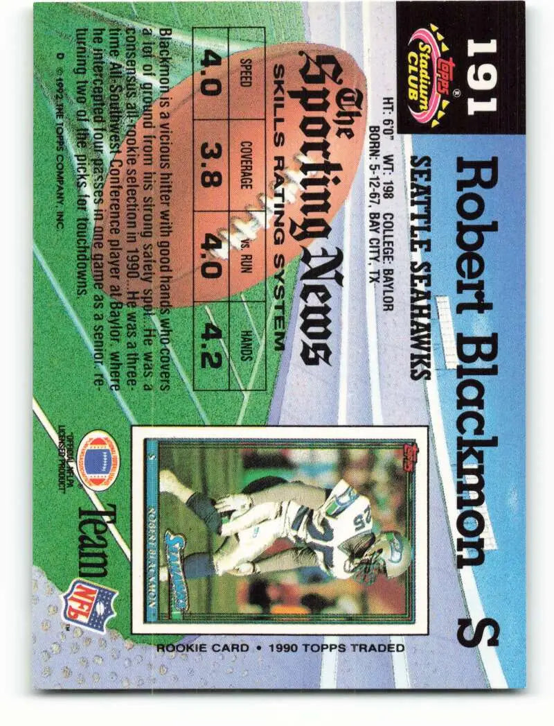 1992 Topps Stadium Club #191 Robert Blackmon EX Excellent Seattle Seahawks Football Card - Football Card Single