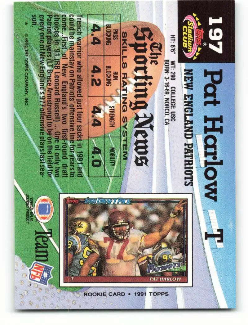 1992 Topps Stadium Club #197 Pat Harlow EX Excellent New England Patriots Football Card - Football Card Single