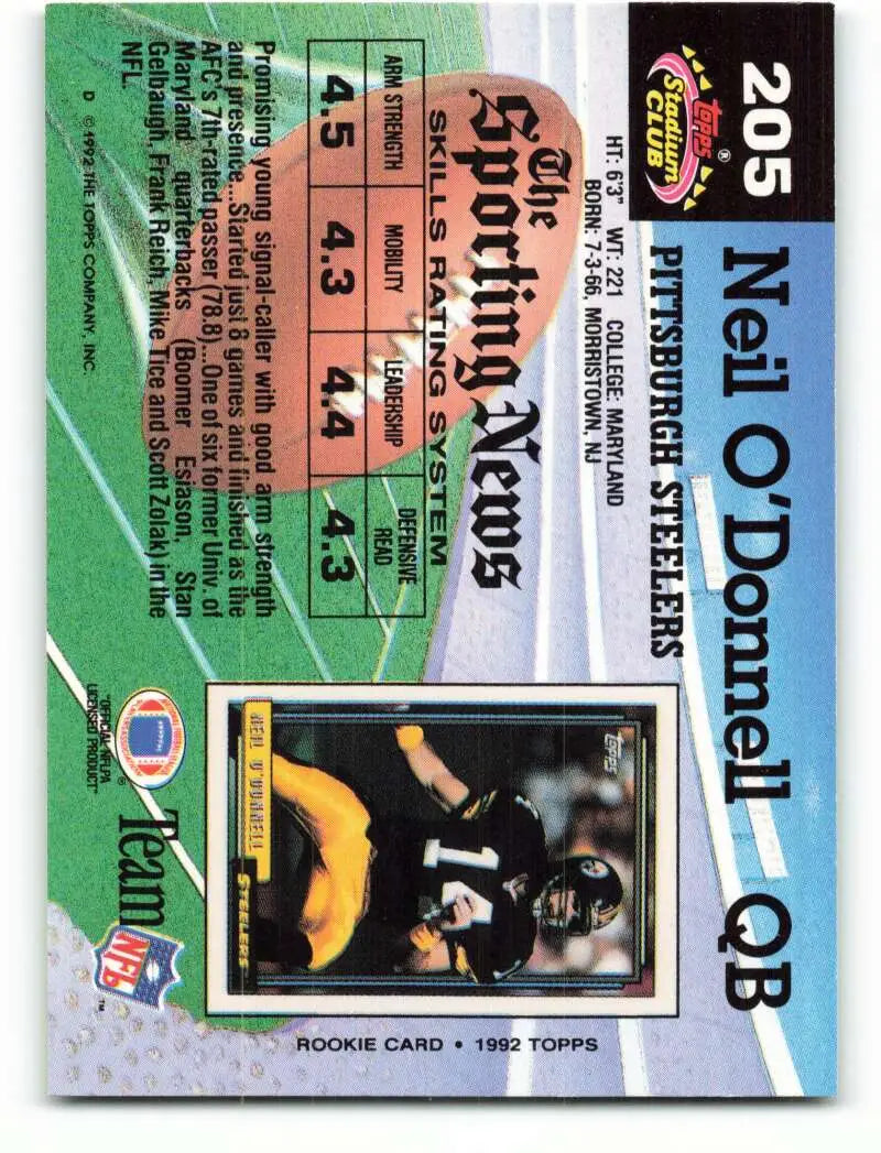 1992 Topps Stadium Club #205 Neil O’Donnell EX Excellent Pittsburgh Steelers Football Card