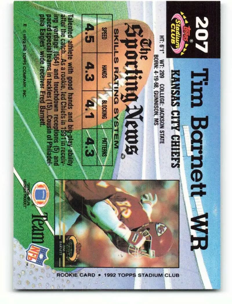 1992 Topps Stadium Club #207 Tim Barnett EX Excellent Kansas City Chiefs Football Card - Football Card Single