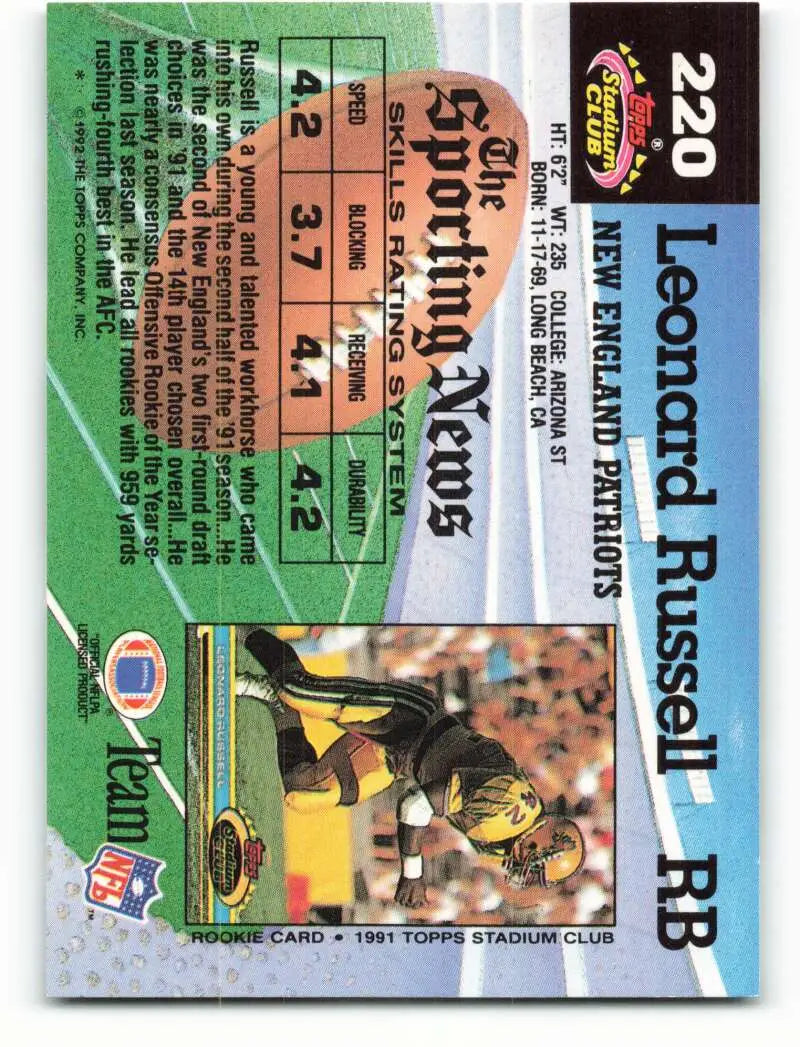 1992 Topps Stadium Club #220 Leonard Russell EX Excellent New England Patriots Football Card