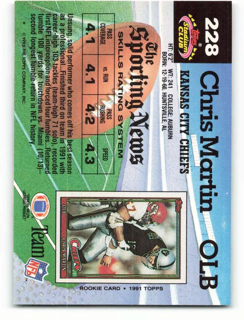 1992 Topps Stadium Club #228 Chris Martin EX Excellent Kansas City Chiefs Football Card - Football Card Single