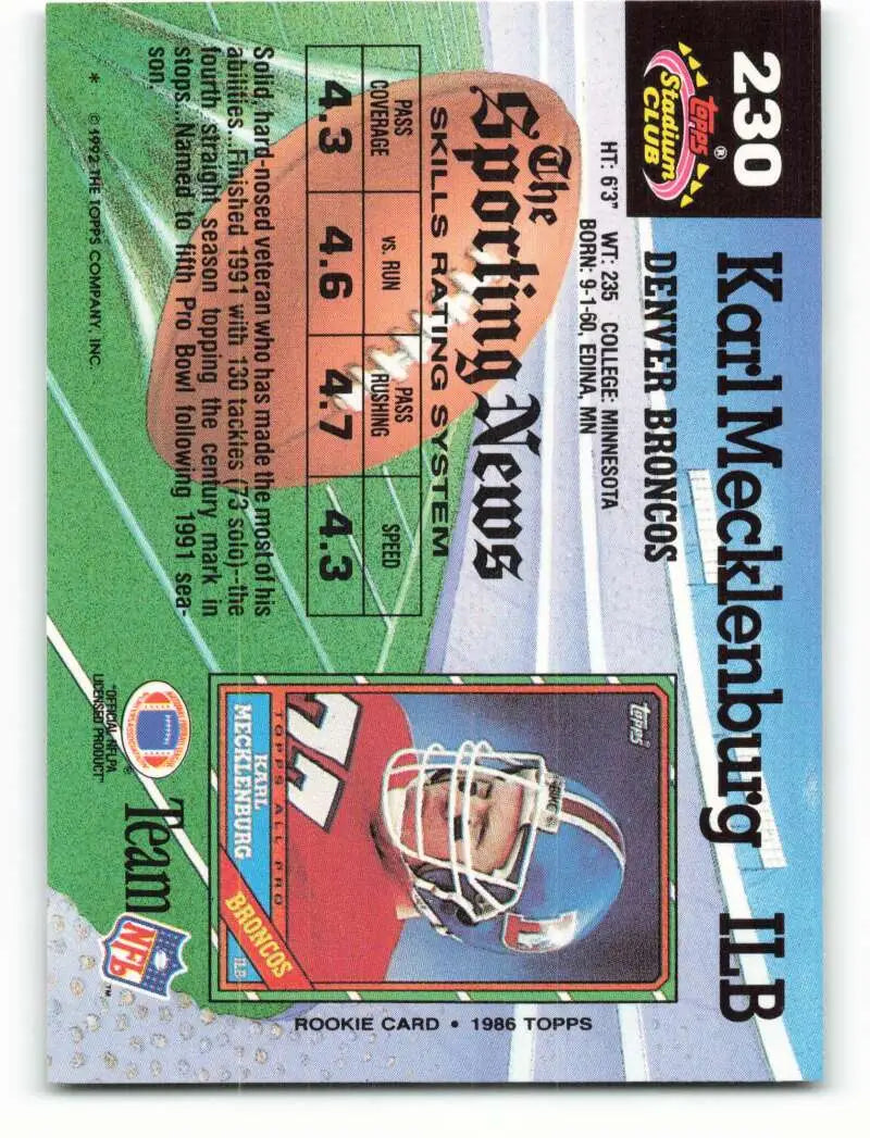 1992 Topps Stadium Club #230 Karl Mecklenburg EX Excellent Denver Broncos Football Card - Football Card Single