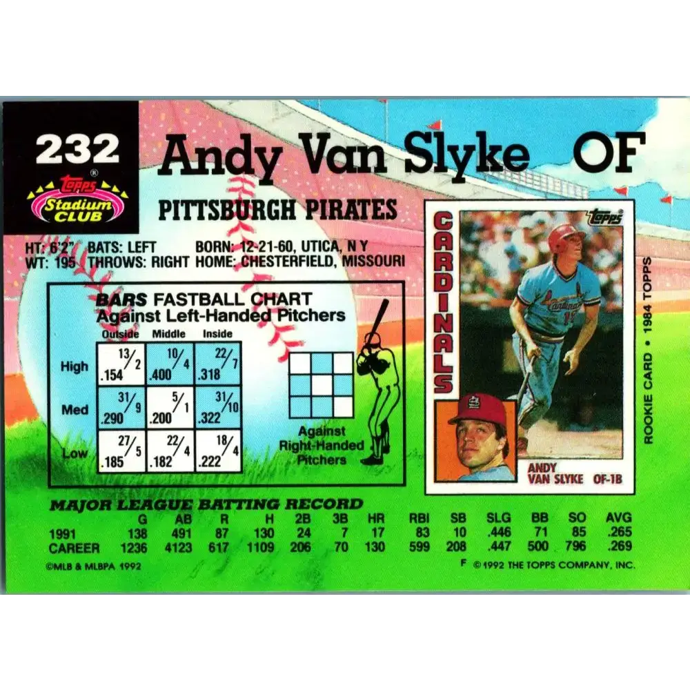 1992 Topps Stadium Club #232 Andy Van Slyke NM-MT Pittsburgh Pirates Baseball Card - Baseball Card Single