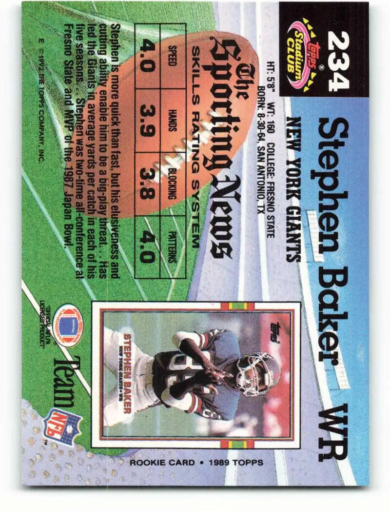 1992 Topps Stadium Club #234 Stephen Baker EX Excellent New York Giants Football Card - Football Card Single