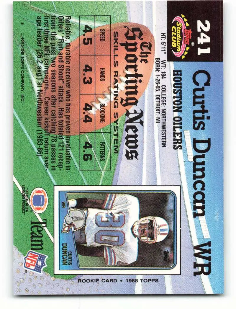 1992 Topps Stadium Club #241 Curtis Duncan EX Excellent Houston Oilers Football Card - Football Card Single