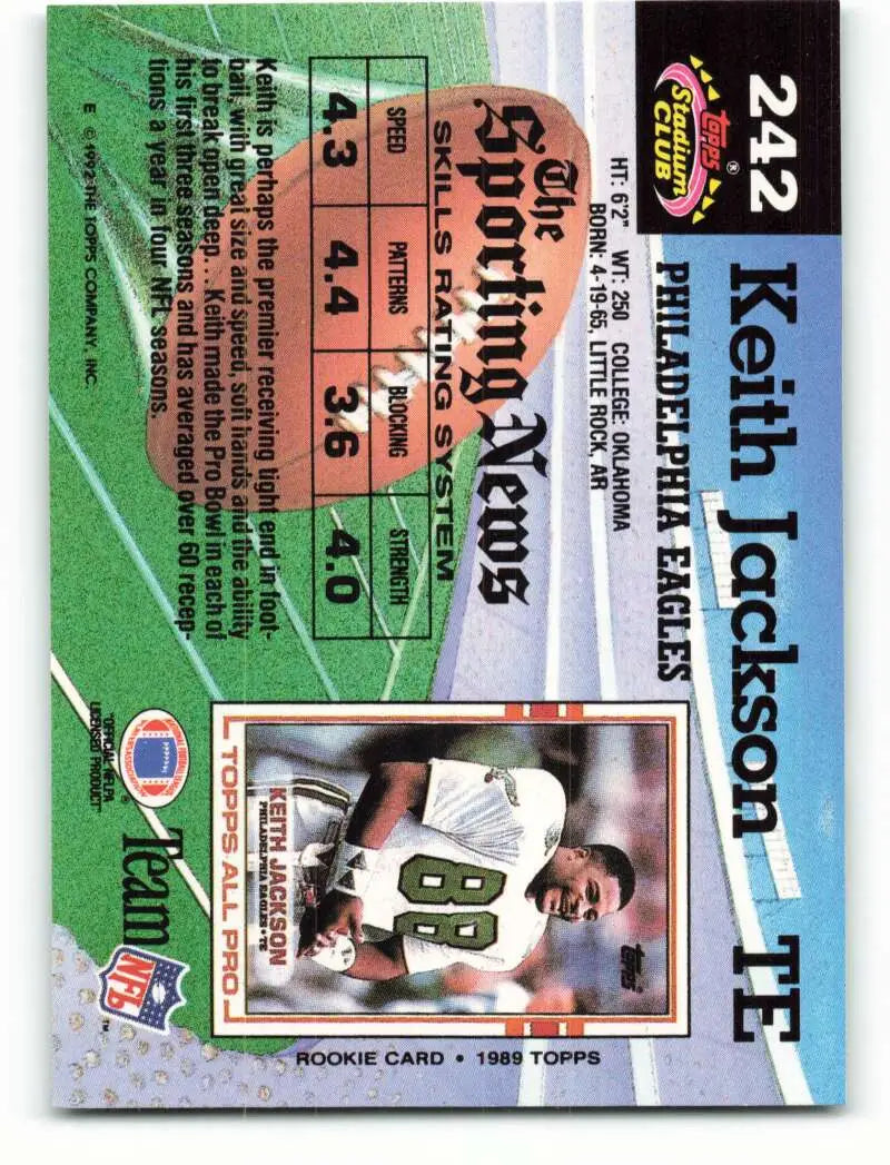 1992 Topps Stadium Club #242 Keith Jackson EX Excellent Philadelphia Eagles Football Card - Football Card Single