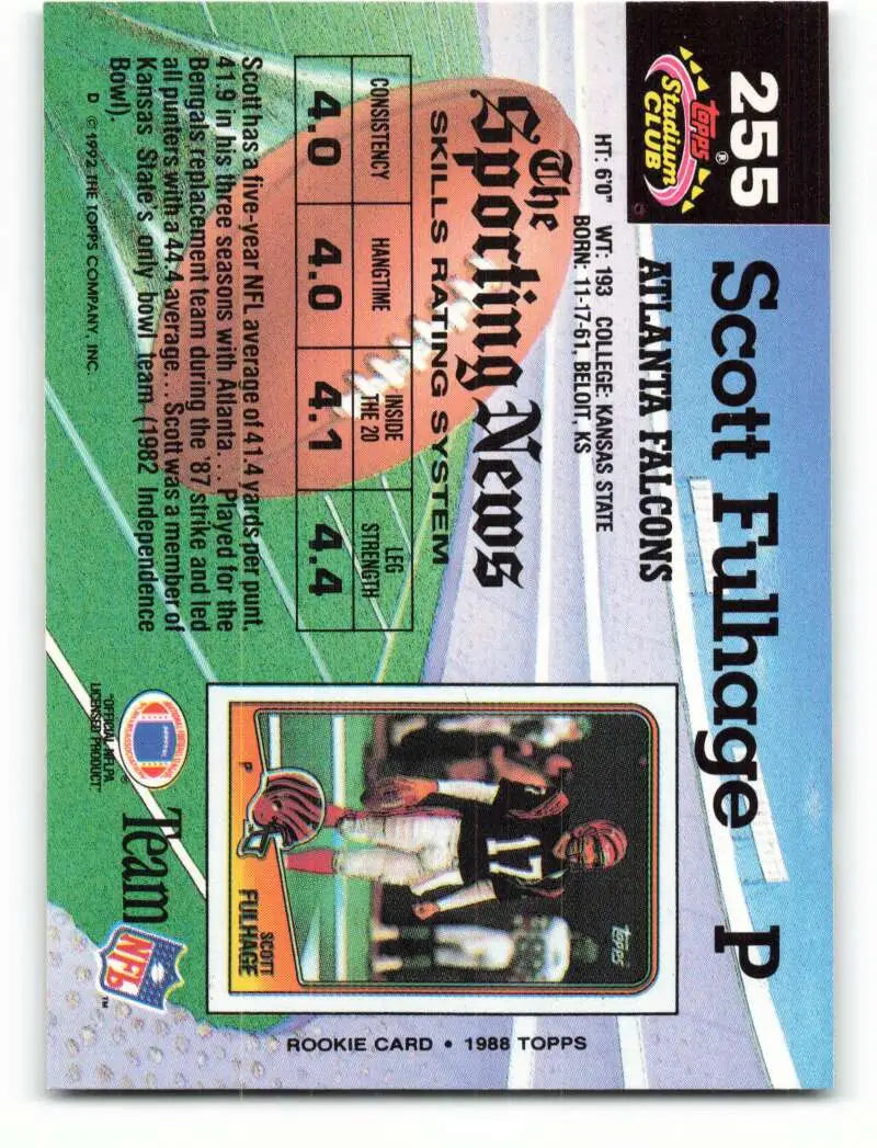 1992 Topps Stadium Club #255 Scott Fulhage EX Excellent Atlanta Falcons Football Card - Football Card Single