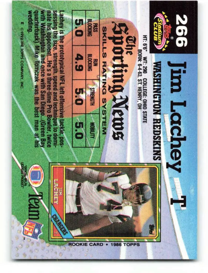 1992 Topps Stadium Club #266 Jim Lachey EX Excellent Washington Redskins Football Card - Football Card Single