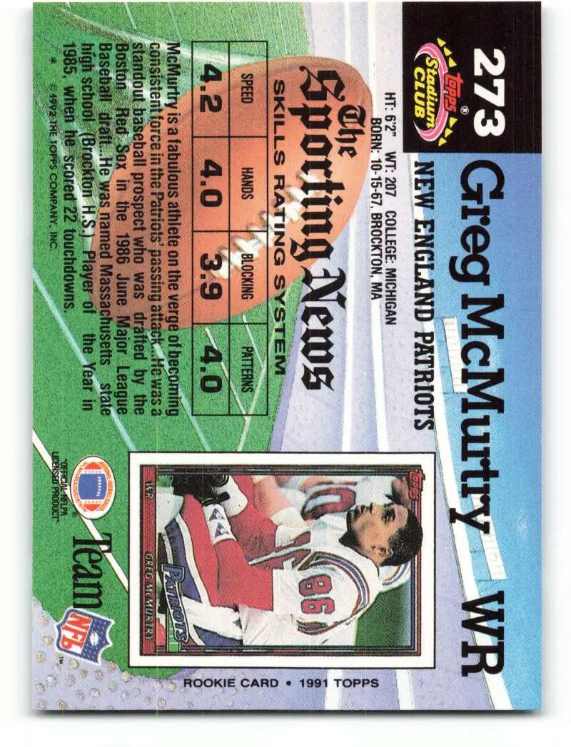 1992 Topps Stadium Club #273 Greg McMurtry EX Excellent New England Patriots Football Card - Football Card Single