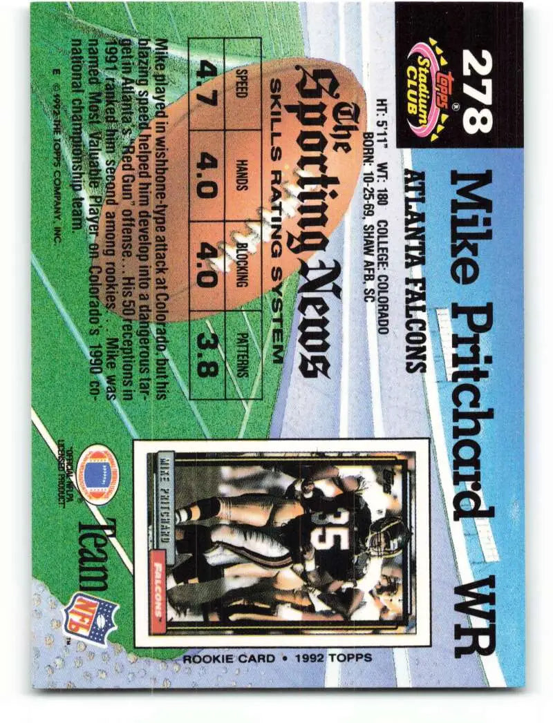 1992 Topps Stadium Club #278 Mike Pritchard EX Excellent Atlanta Falcons Football Card - Football Card Single