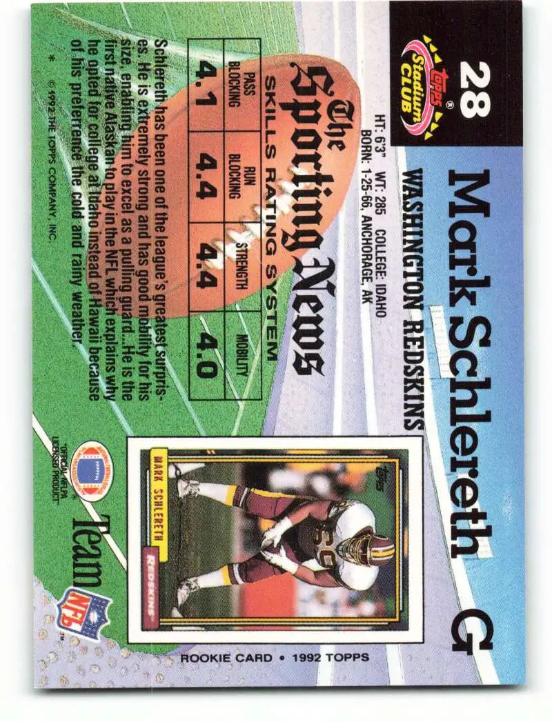 1992 Topps Stadium Club #28 Mark Schlereth EX Excellent RC Rookie Washington Redskins Football Card - Football Card