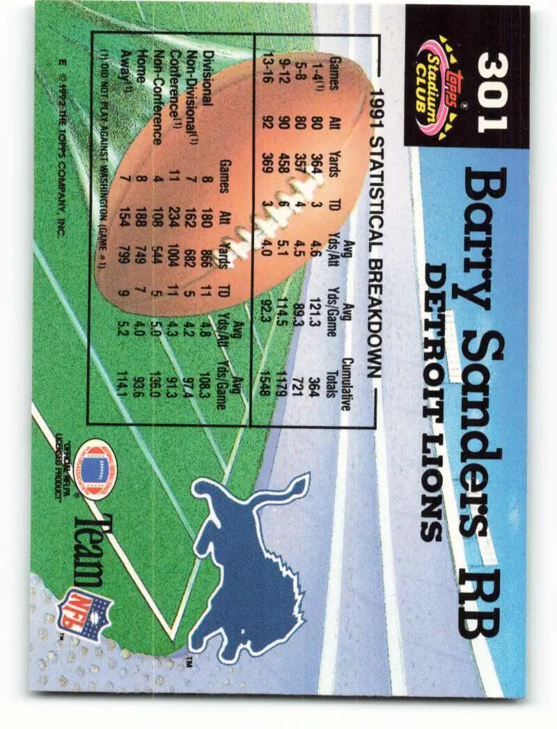 1992 Topps Stadium Club #301 Barry Sanders EX Excellent Detroit Lions Football Card - Football Card Single
