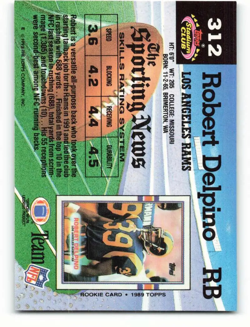 1992 Topps Stadium Club #312 Robert Delpino EX Excellent Los Angeles Rams Football Card - Football Card Single