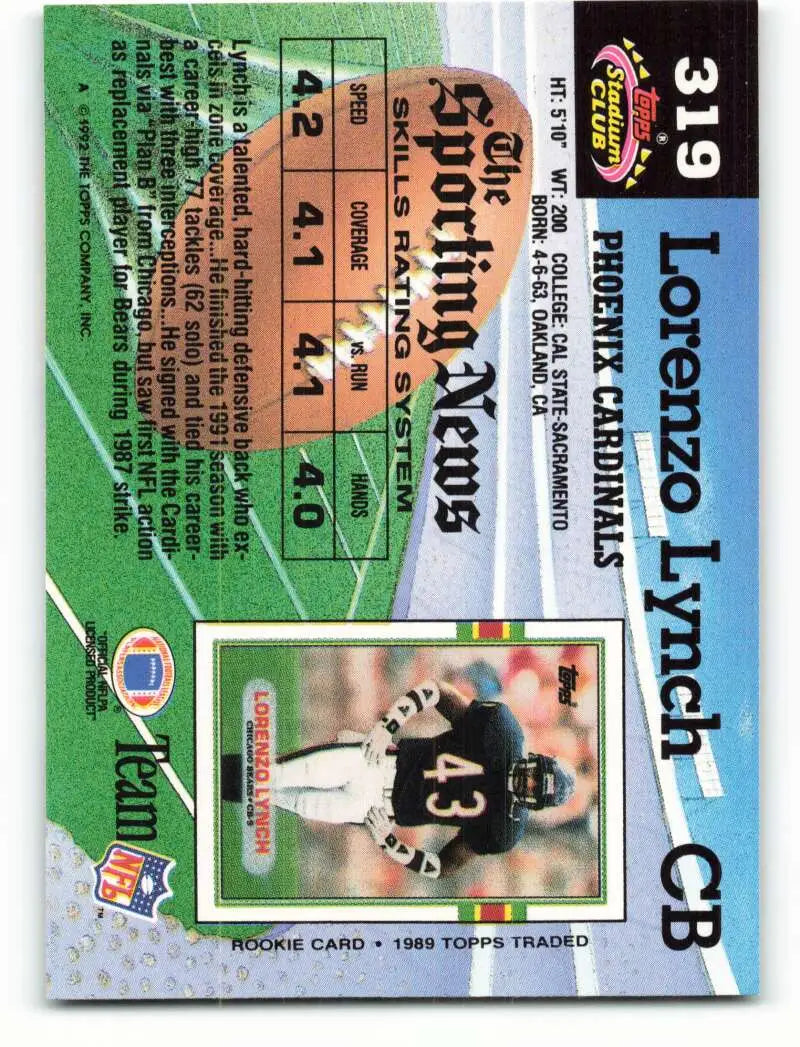 1992 Topps Stadium Club #319 Lorenzo Lynch EX Excellent Phoenix Cardinals Football Card