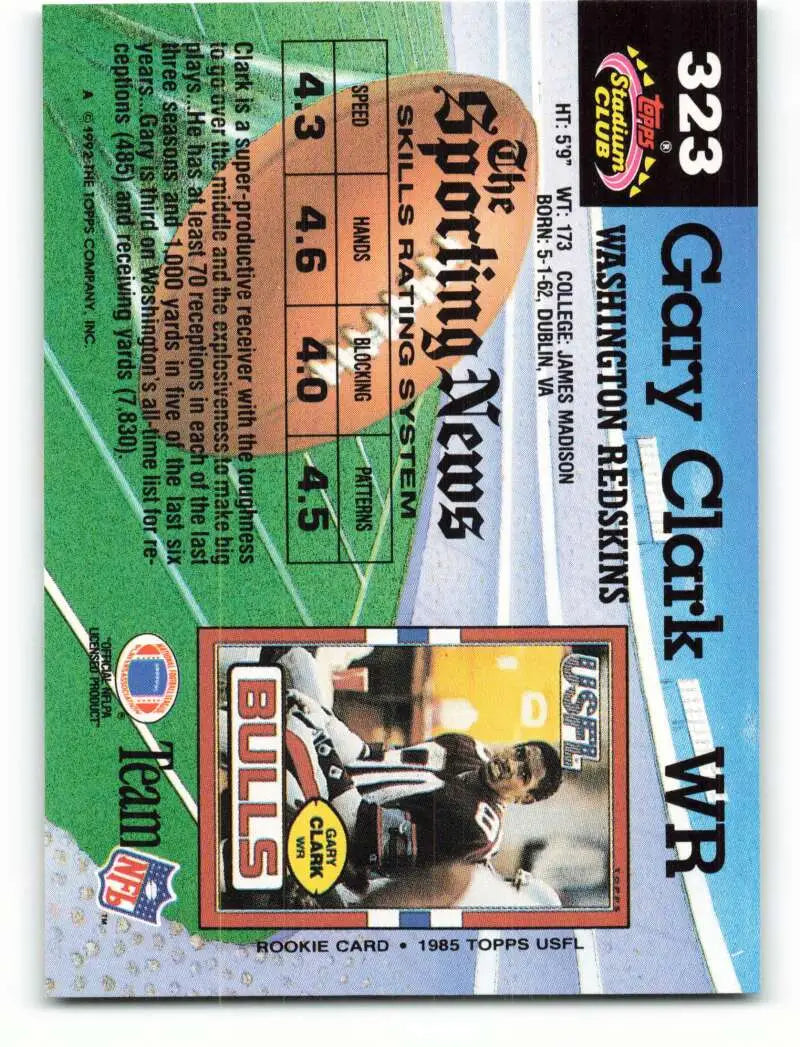 1992 Topps Stadium Club #323 Gary Clark EX Excellent Washington Redskins Football Card - Football Card Single
