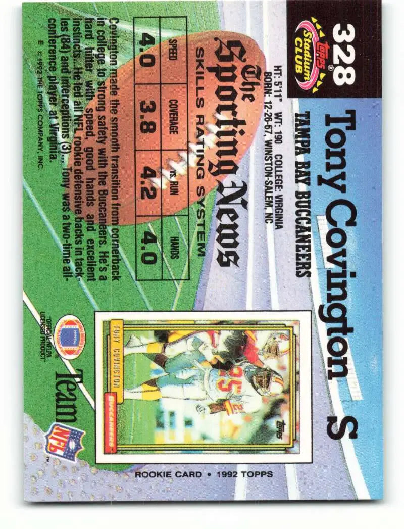 1992 Topps Stadium Club #328 Tony Covington EX Excellent Tampa Bay Buccaneers Football Card - Football Card Single