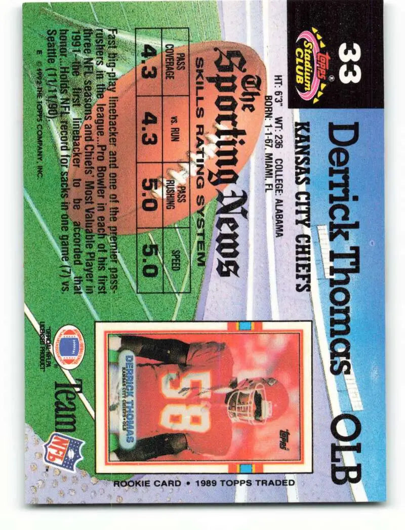 1992 Topps Stadium Club #33 Derrick Thomas EX Excellent Kansas City Chiefs Football Card - Football Card Single