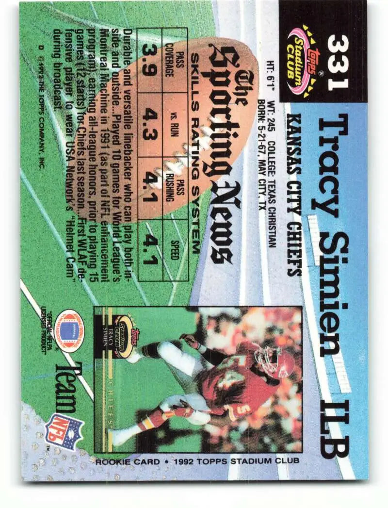1992 Topps Stadium Club #331 Tracy Simien EX Excellent RC Rookie Kansas City Chiefs Football Card - Football Card Single