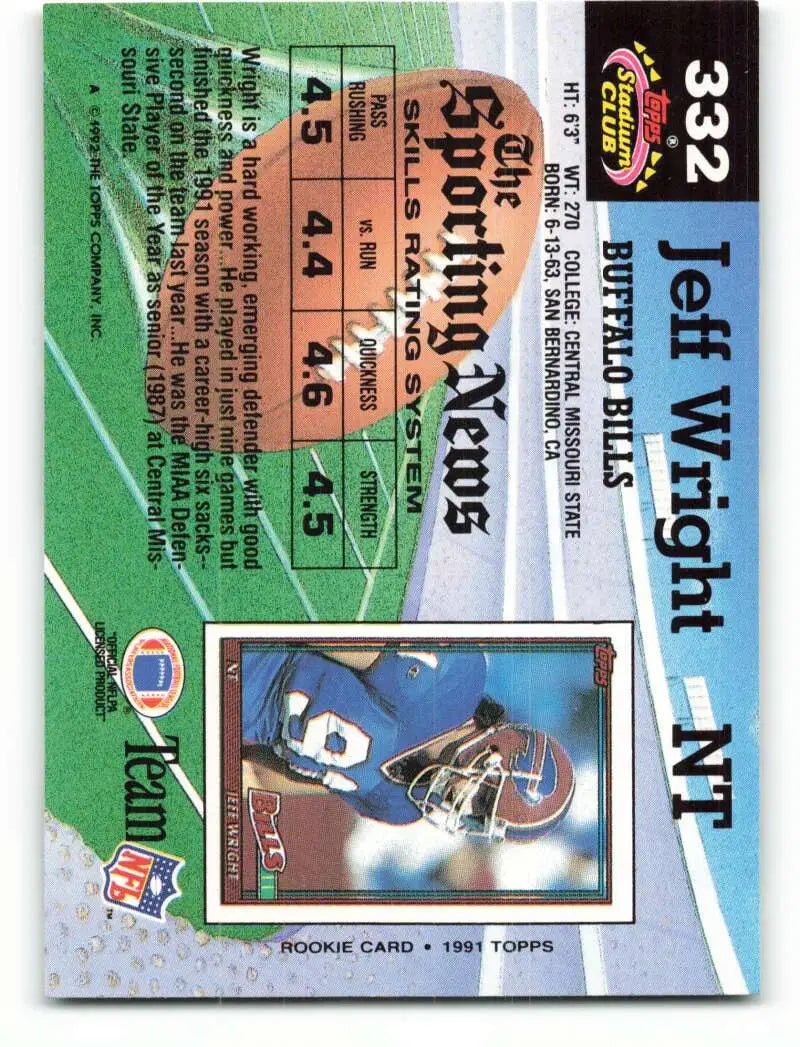 1992 Topps Stadium Club #332 Jeff Wright EX Excellent Buffalo Bills Football Card - Football Card Single