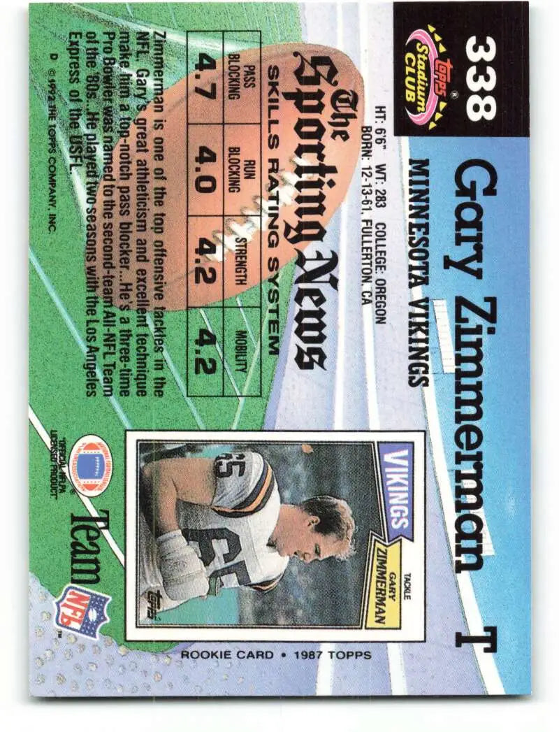 1992 Topps Stadium Club #338 Gary Zimmerman EX Excellent Minnesota Vikings Football Card - Football Card Single