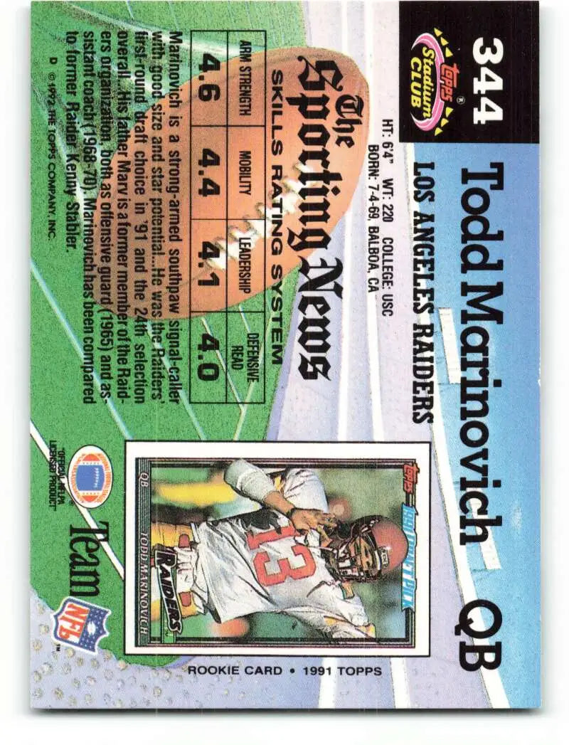 1992 Topps Stadium Club #344 Todd Marinovich EX Excellent Los Angeles Raiders Football Card - Football Card Single