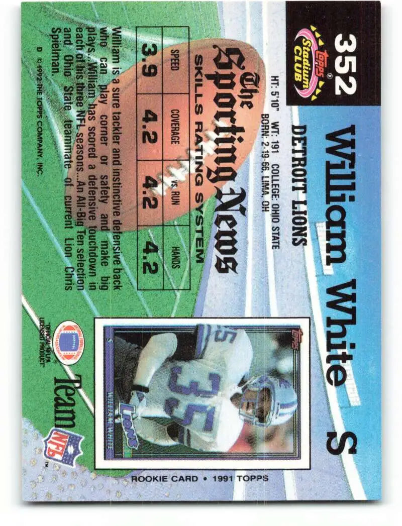 1992 Topps Stadium Club #352 William White EX Excellent Detroit Lions Football Card - Football Card Single