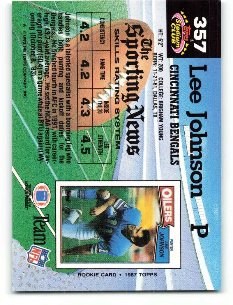 1992 Topps Stadium Club #357 Lee Johnson EX Excellent Cincinnati Bengals Football Card - Football Card Single