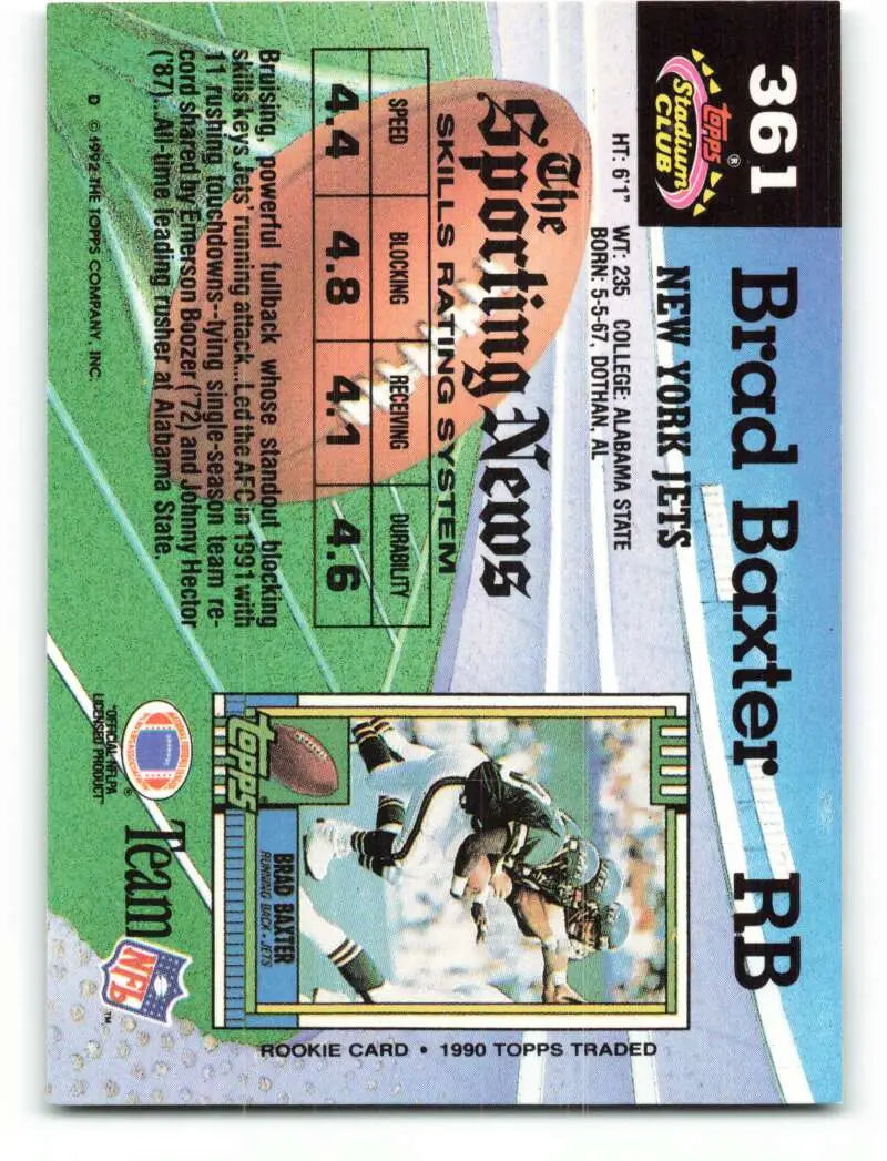 1992 Topps Stadium Club #361 Brad Baxter EX Excellent New York Jets Football Card - Football Card Single