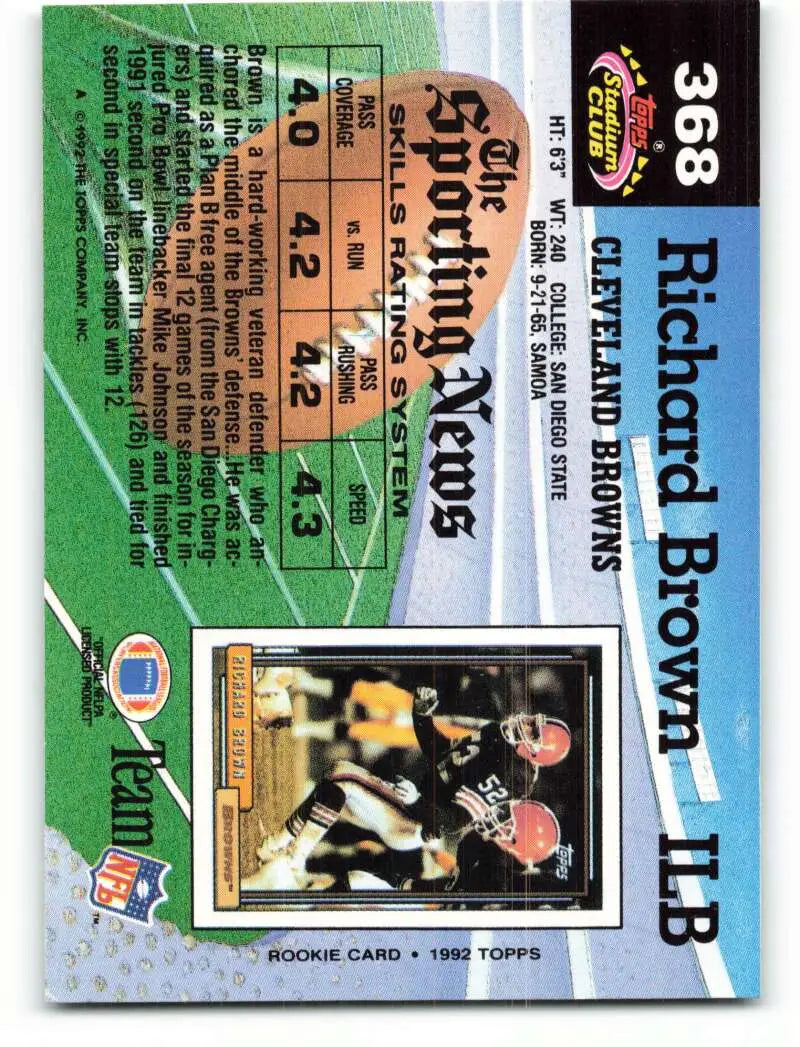 1992 Topps Stadium Club #368 Richard Brown EX Excellent RC Rookie Cleveland Browns Football Card - Football Card Single