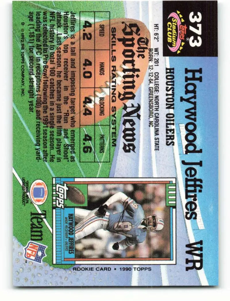 1992 Topps Stadium Club #373 Haywood Jeffires EX Excellent Houston Oilers Football Card - Football Card Single