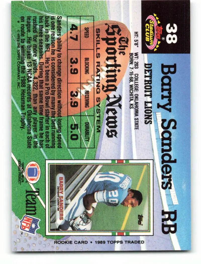 1992 Topps Stadium Club #38 Barry Sanders EX Excellent Detroit Lions Football Card