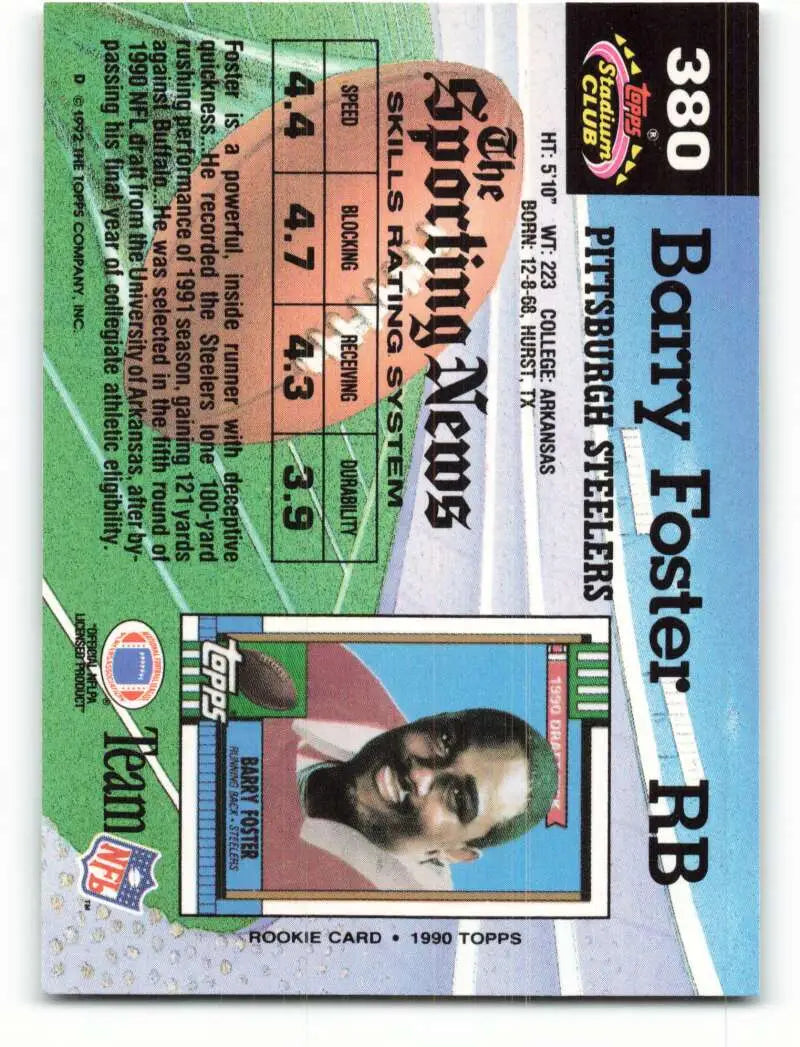 1992 Topps Stadium Club #380 Barry Foster EX Excellent Pittsburgh Steelers Football Card - Football Card Single