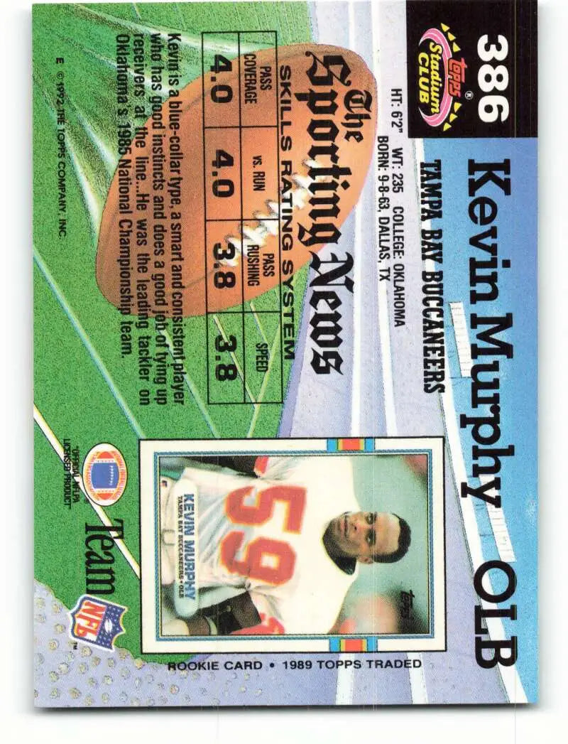 1992 Topps Stadium Club #386 Kevin Murphy EX Excellent Tampa Bay Buccaneers Football Card